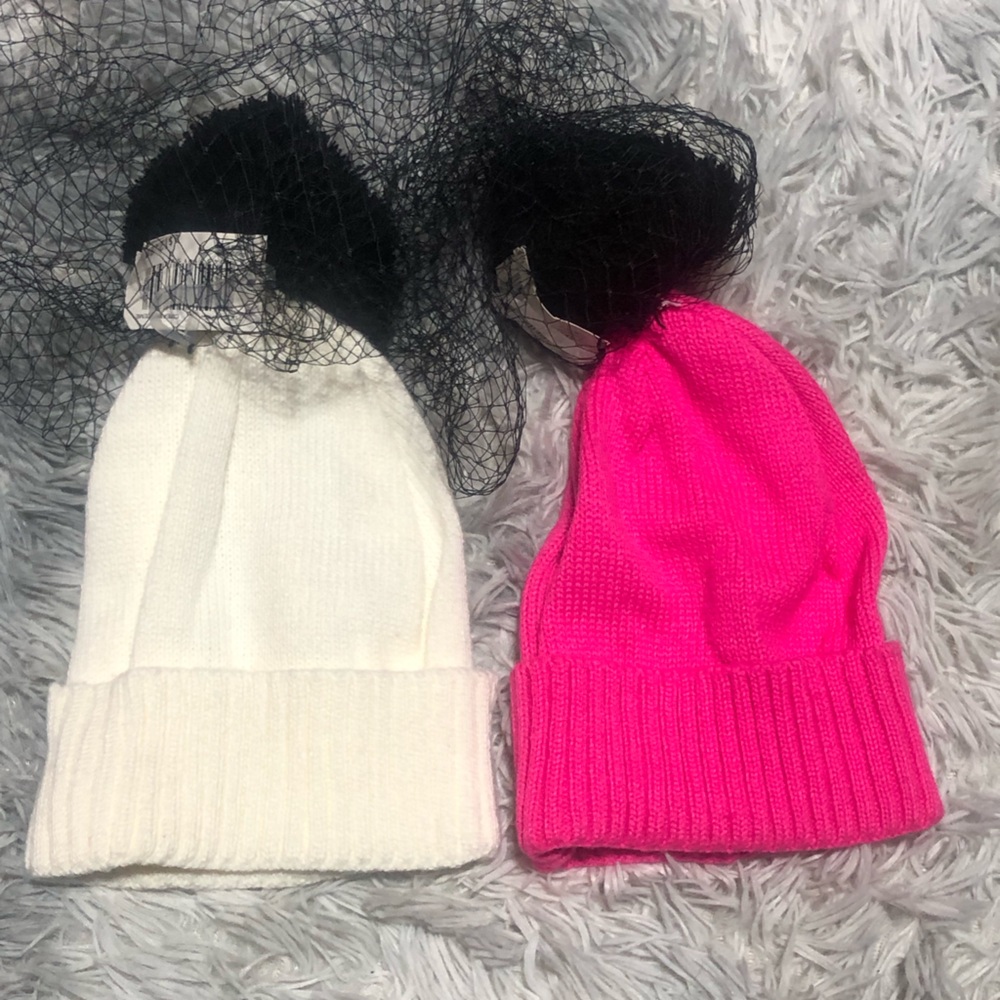 Girls 2pc Winter Beanie Hats Set Pink White Knit Cap Black Faux Fur Pom Pom New